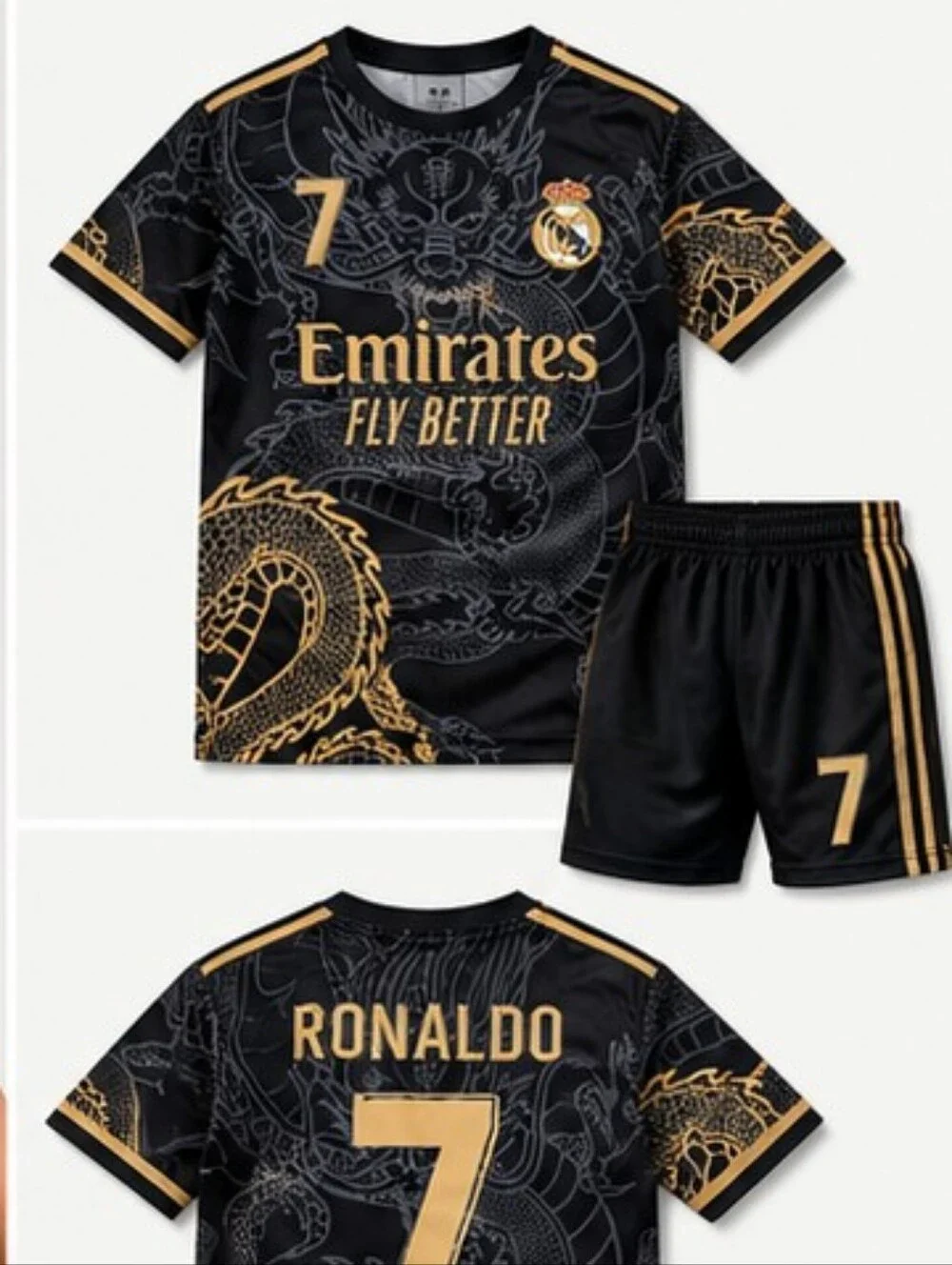 Boys Ronaldo #7 Soccer Jersey & Shorts Set | Black & Gold Dragon Design |